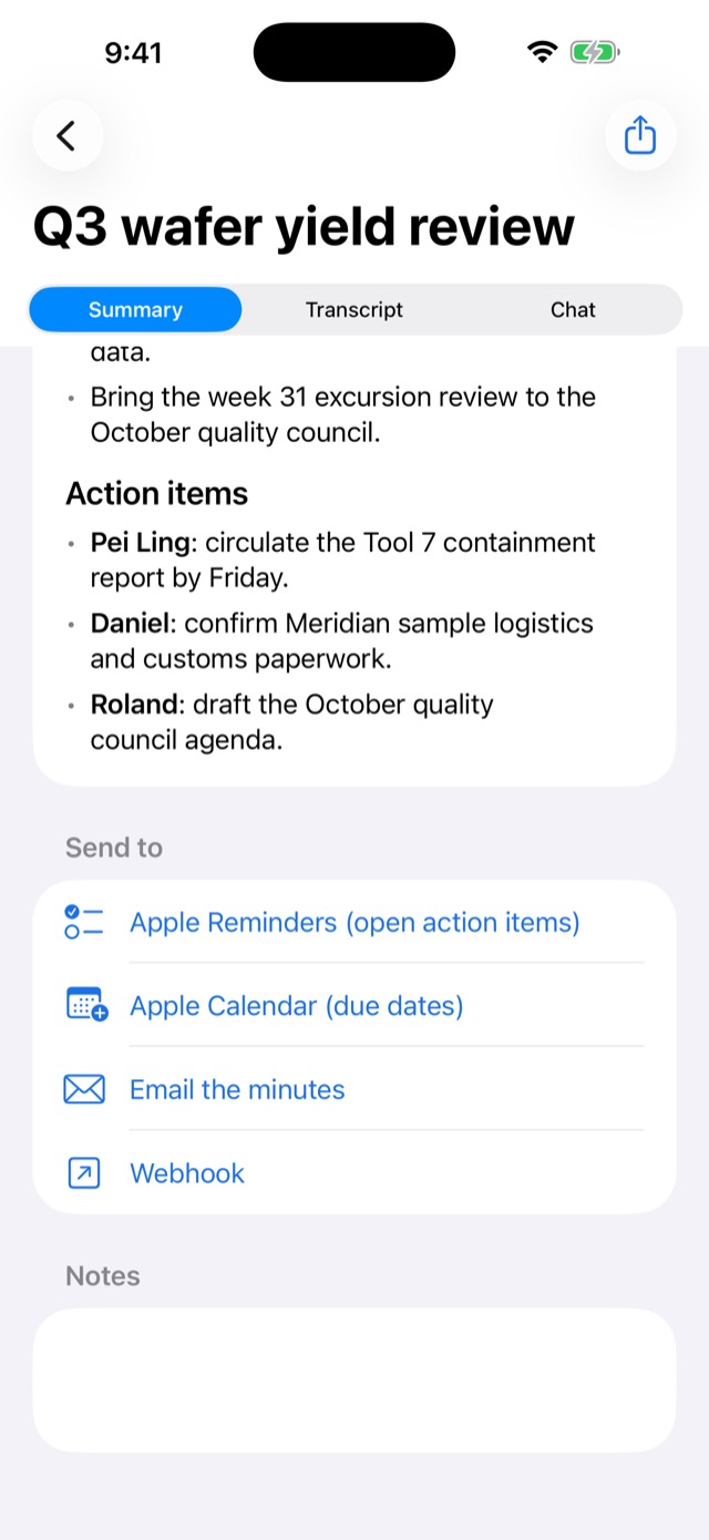 ReadoutIQ on iPhone showing the action items from a quarterly review, with owners, and options to send them to Reminders, Calendar, email or a webhook.