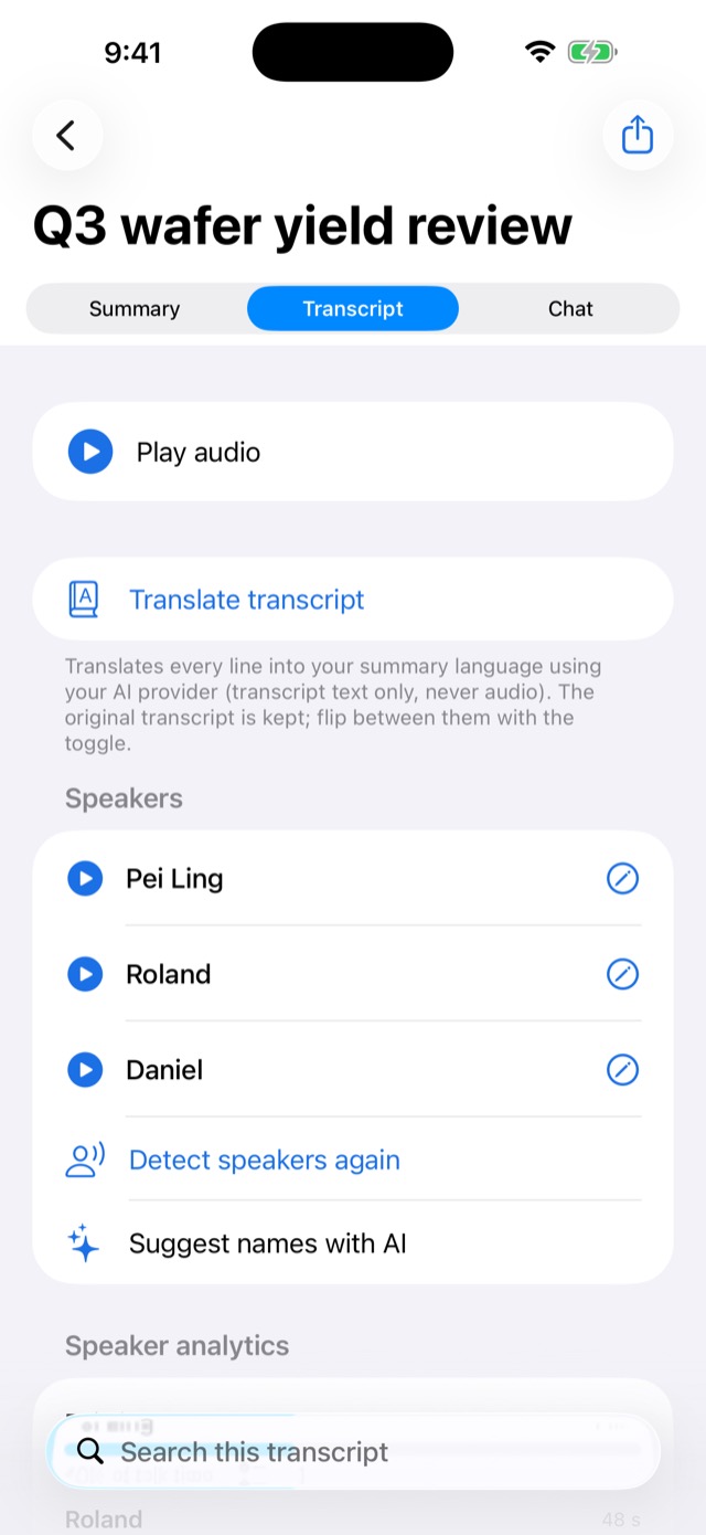 The Speakers panel in ReadoutIQ on iPhone, listing three named speakers with buttons to play and rename each.