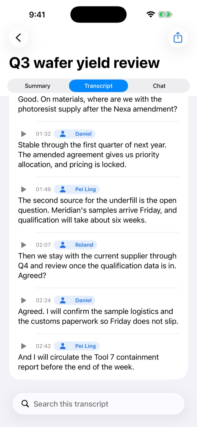 A ReadoutIQ transcript on iPhone, with each passage timestamped and labelled with its speaker.