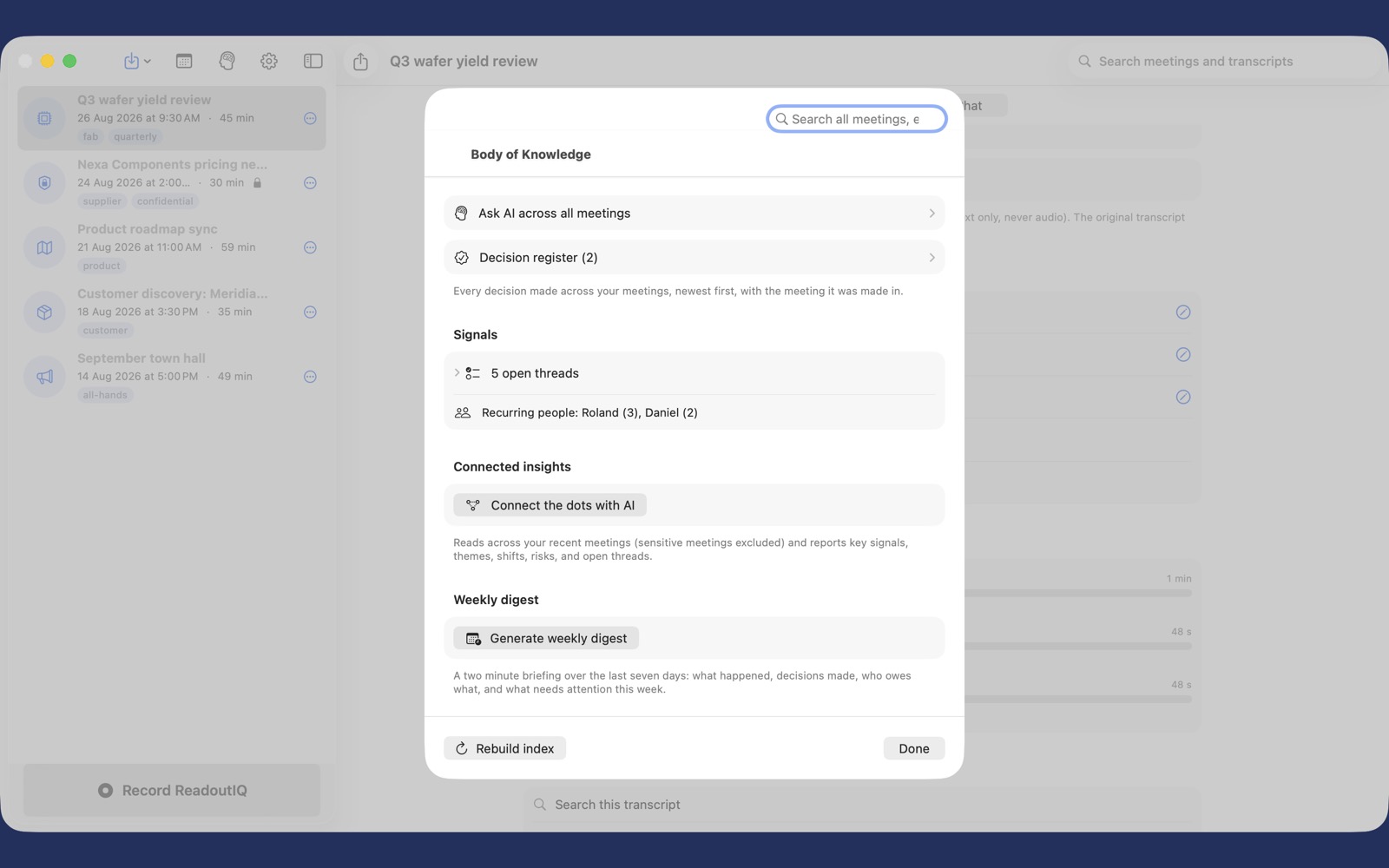 The Body of Knowledge in ReadoutIQ on Mac, showing the decision register, open threads and recurring people.