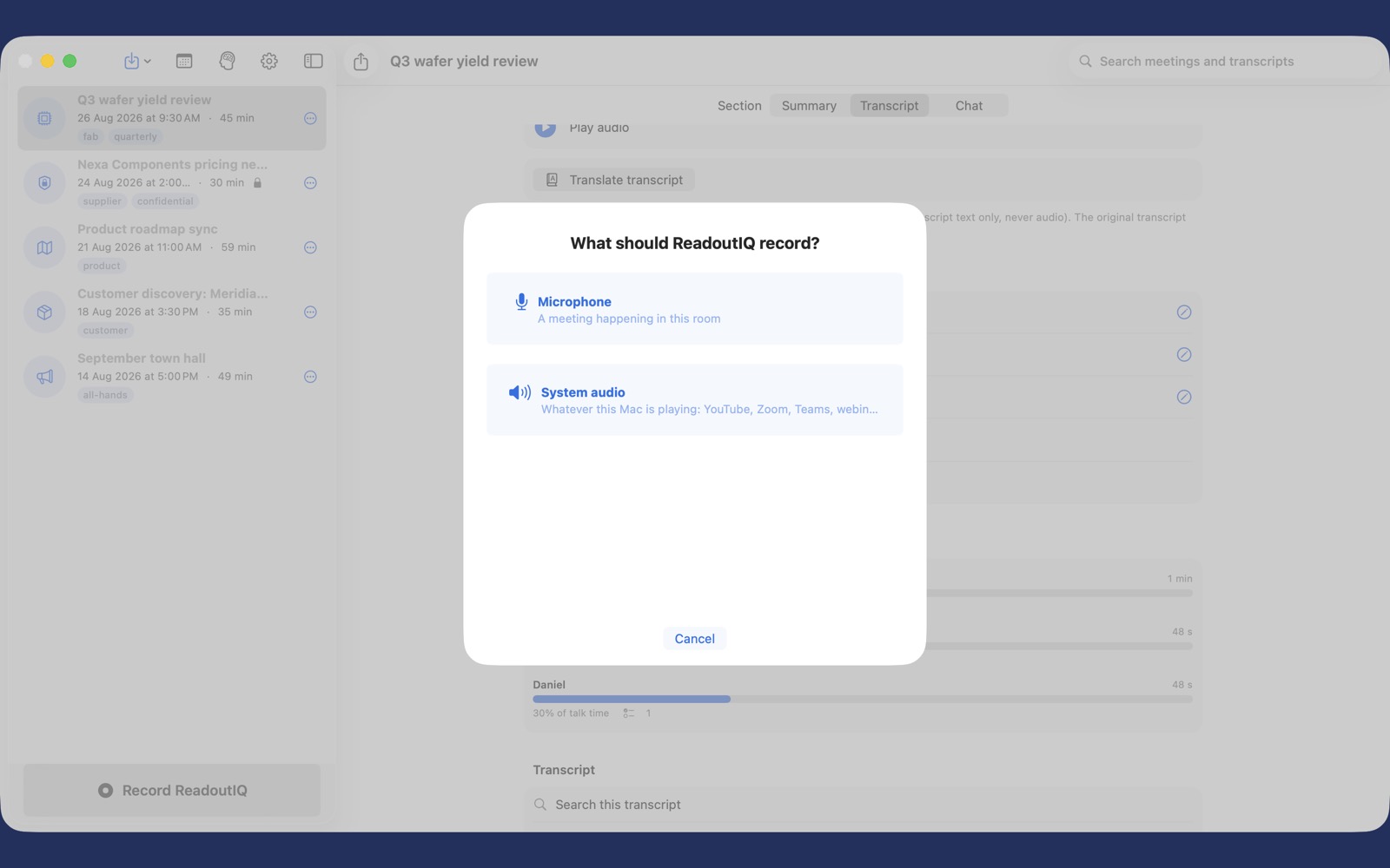 ReadoutIQ on Mac asking what to record: the microphone, for a meeting in the room, or system audio, for whatever the Mac is playing.